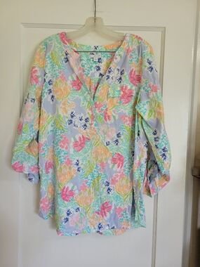 Lightweight Floral J.Jill  Pastel Tropical Popover Tunic V-Neck Blouse